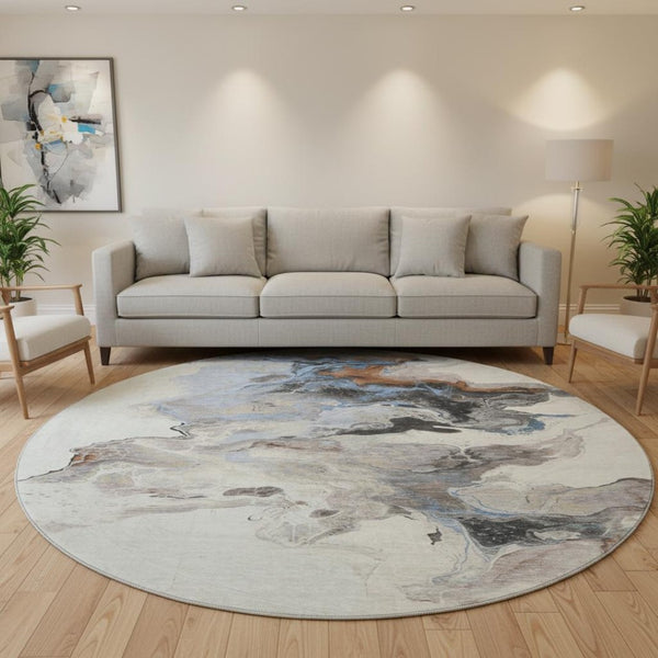 HomeRoots 8' Beige, Blue & Copper Abstract Washable Round Rug - Durable, UV-Protected, Kid & Pet Friendly! 697257