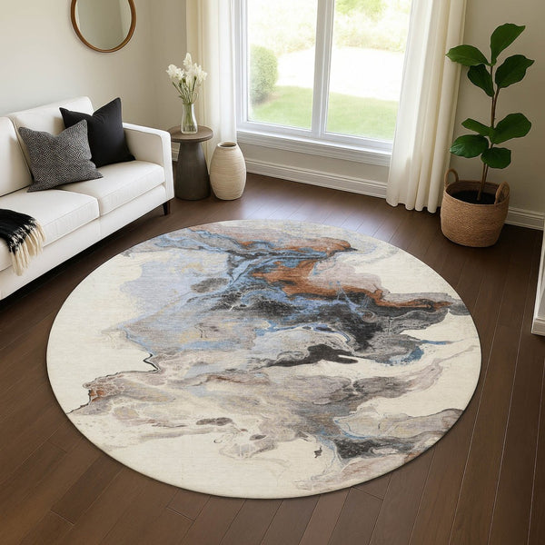 HomeRoots 8' Beige, Blue & Copper Abstract Washable Round Rug - Durable, UV-Protected, Kid & Pet Friendly! 697257