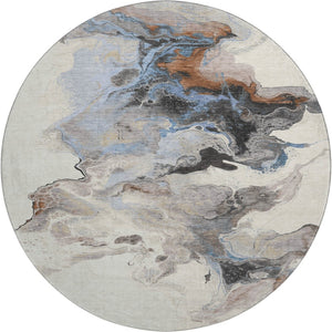 HomeRoots 8' Beige, Blue & Copper Abstract Washable Round Rug - Durable, UV-Protected, Kid & Pet Friendly! 697257