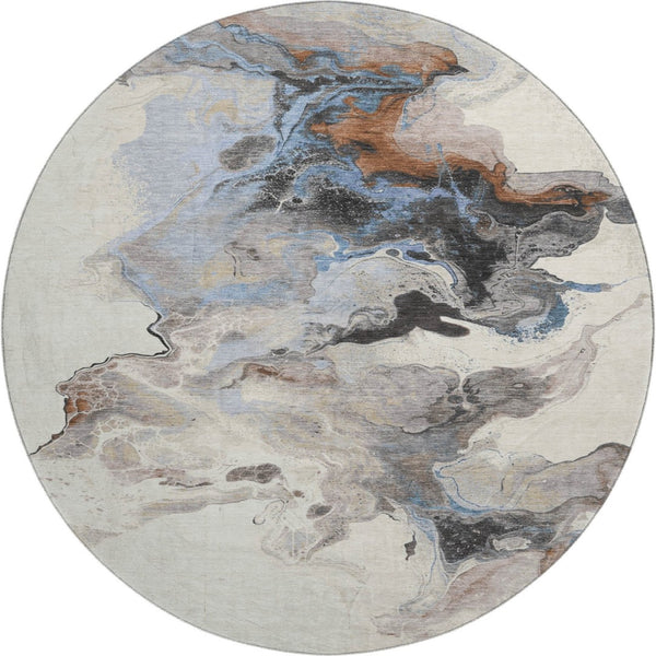 HomeRoots 8' Beige, Blue & Copper Abstract Washable Round Rug - Durable, UV-Protected, Kid & Pet Friendly! 697257