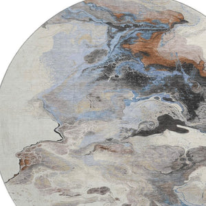 HomeRoots 8' Beige, Blue & Copper Abstract Washable Round Rug - Durable, UV-Protected, Kid & Pet Friendly! 697257