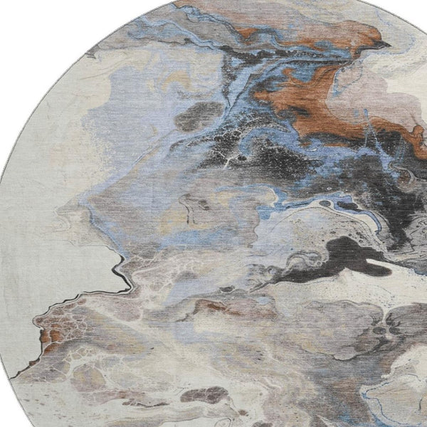 HomeRoots 8' Beige, Blue & Copper Abstract Washable Round Rug - Durable, UV-Protected, Kid & Pet Friendly! 697257