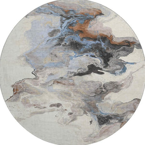 HomeRoots 8' Beige, Blue & Copper Abstract Washable Round Rug - Durable, UV-Protected, Kid & Pet Friendly! 697257