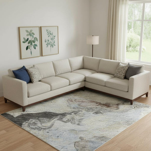 HomeRoots 10' X 14' Abstract Area Rug in Beige, Blue & Copper - Washable, UV-Protected, Family-Friendly Design 697260