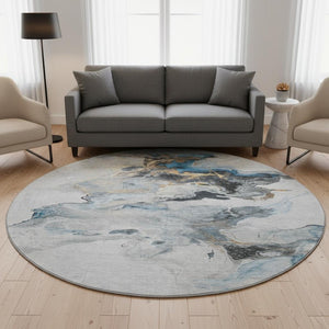 HomeRoots 8' Gray Blue and Copper Abstract Washable Round Rug with Non-Slip Backing and UV Protection 697263