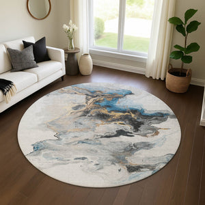 HomeRoots 8' Gray Blue and Copper Abstract Washable Round Rug with Non-Slip Backing and UV Protection 697263