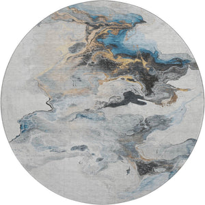 HomeRoots 8' Gray Blue and Copper Abstract Washable Round Rug with Non-Slip Backing and UV Protection 697263