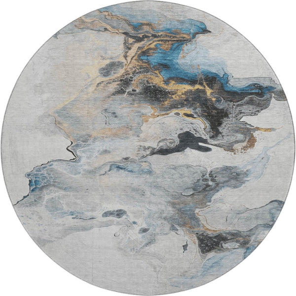 HomeRoots 8' Gray Blue and Copper Abstract Washable Round Rug with Non-Slip Backing and UV Protection 697263