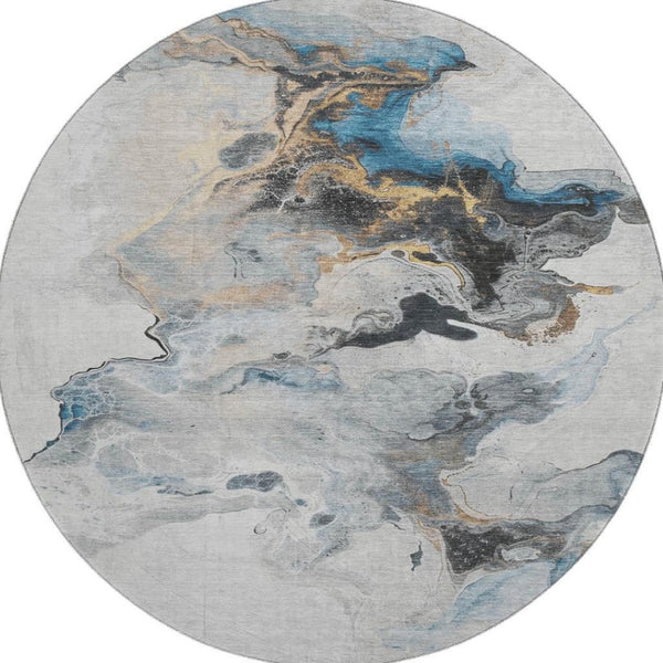 HomeRoots 8' Gray Blue and Copper Abstract Washable Round Rug with Non-Slip Backing and UV Protection 697263