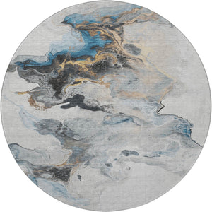 HomeRoots 8' Gray Blue and Copper Abstract Washable Round Rug with Non-Slip Backing and UV Protection 697263