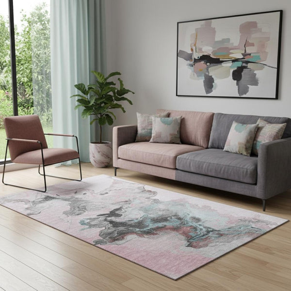 HomeRoots 5' X 8' Modern Pink Blue Silver Abstract Area Rug - Washable, UV-Protected, Stylish & Durable! 697268