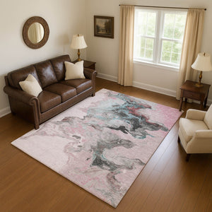 HomeRoots 5' X 8' Modern Pink Blue Silver Abstract Area Rug - Washable, UV-Protected, Stylish & Durable! 697268