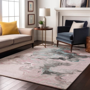 HomeRoots 5' X 8' Modern Pink Blue Silver Abstract Area Rug - Washable, UV-Protected, Stylish & Durable! 697268