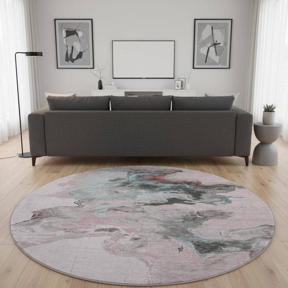 HomeRoots 8' Modern Abstract Round Rug in Pink, Blue & Silver - Washable, UV-Protected, Non-Slip Design 697269