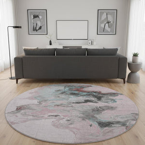 HomeRoots 8' Modern Abstract Round Rug in Pink, Blue & Silver - Washable, UV-Protected, Non-Slip Design 697269