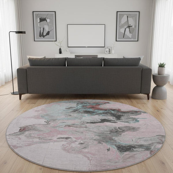 HomeRoots 8' Modern Abstract Round Rug in Pink, Blue & Silver - Washable, UV-Protected, Non-Slip Design 697269
