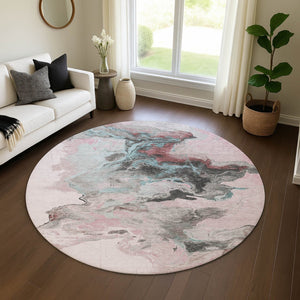 HomeRoots 8' Modern Abstract Round Rug in Pink, Blue & Silver - Washable, UV-Protected, Non-Slip Design 697269