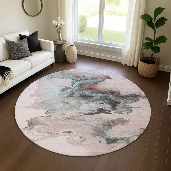 HomeRoots 8' Modern Abstract Round Rug in Pink, Blue & Silver - Washable, UV-Protected, Non-Slip Design 697269