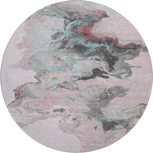 HomeRoots 8' Modern Abstract Round Rug in Pink, Blue & Silver - Washable, UV-Protected, Non-Slip Design 697269