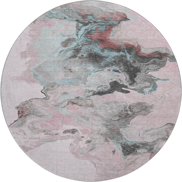 HomeRoots 8' Modern Abstract Round Rug in Pink, Blue & Silver - Washable, UV-Protected, Non-Slip Design 697269