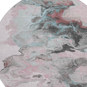 HomeRoots 8' Modern Abstract Round Rug in Pink, Blue & Silver - Washable, UV-Protected, Non-Slip Design 697269