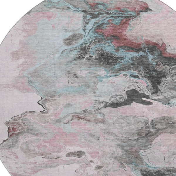 HomeRoots 8' Modern Abstract Round Rug in Pink, Blue & Silver - Washable, UV-Protected, Non-Slip Design 697269