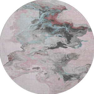 HomeRoots 8' Modern Abstract Round Rug in Pink, Blue & Silver - Washable, UV-Protected, Non-Slip Design 697269