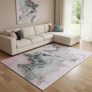 HomeRoots 8' X 10' Soft Pink Blue Silver Abstract Area Rug - Washable, UV Protected, Non-Slip & Stylish! 697270
