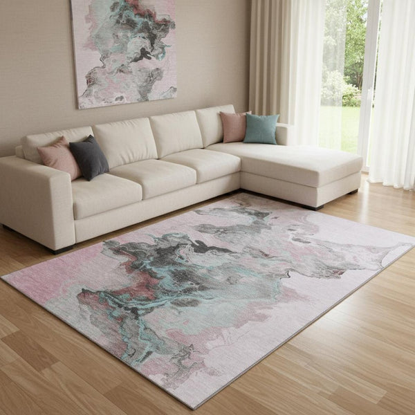 HomeRoots 8' X 10' Soft Pink Blue Silver Abstract Area Rug - Washable, UV Protected, Non-Slip & Stylish! 697270