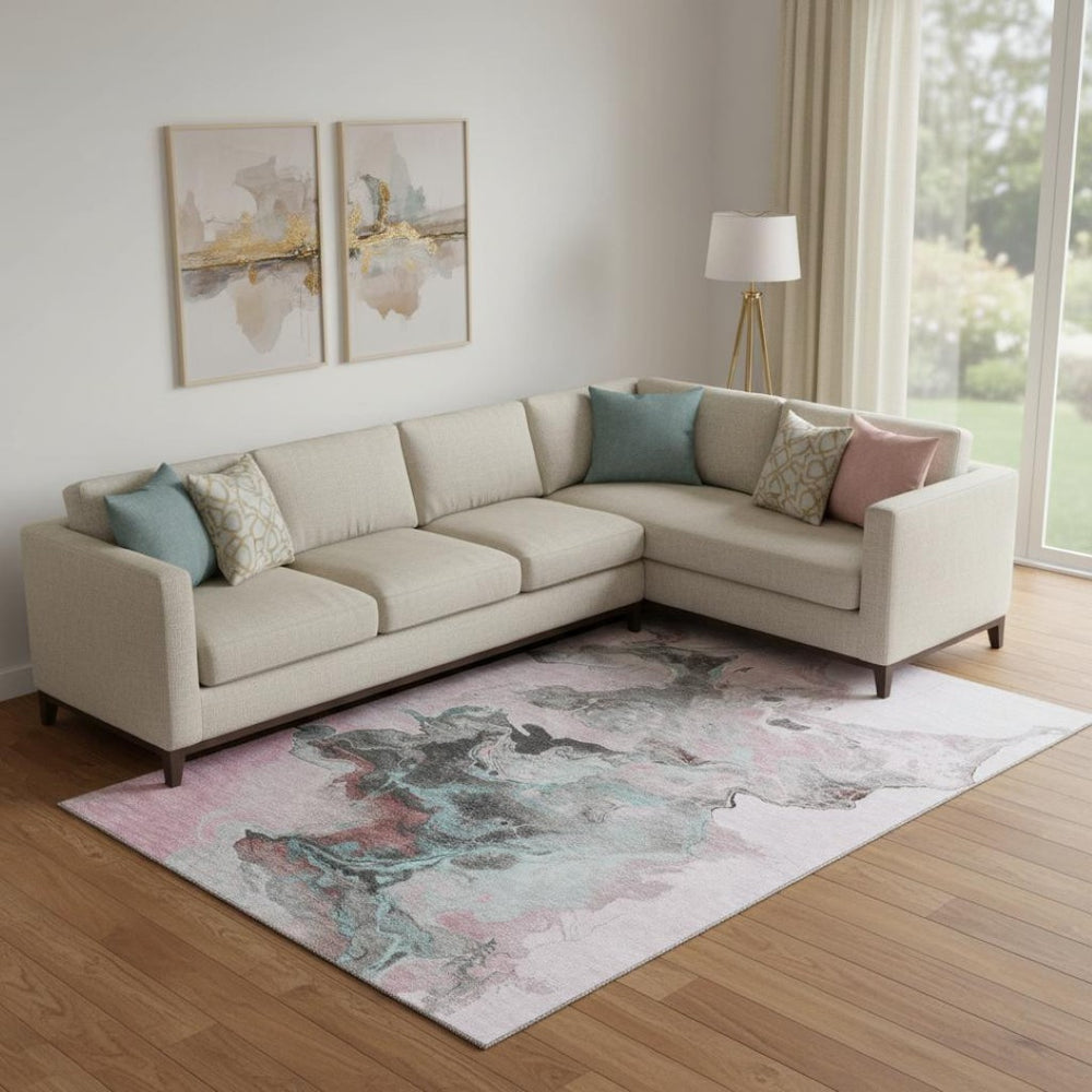 HomeRoots 10' X 14' Washable Pink, Blue & Silver Abstract Area Rug - Stylish, Durable & UV Protected Design 697272