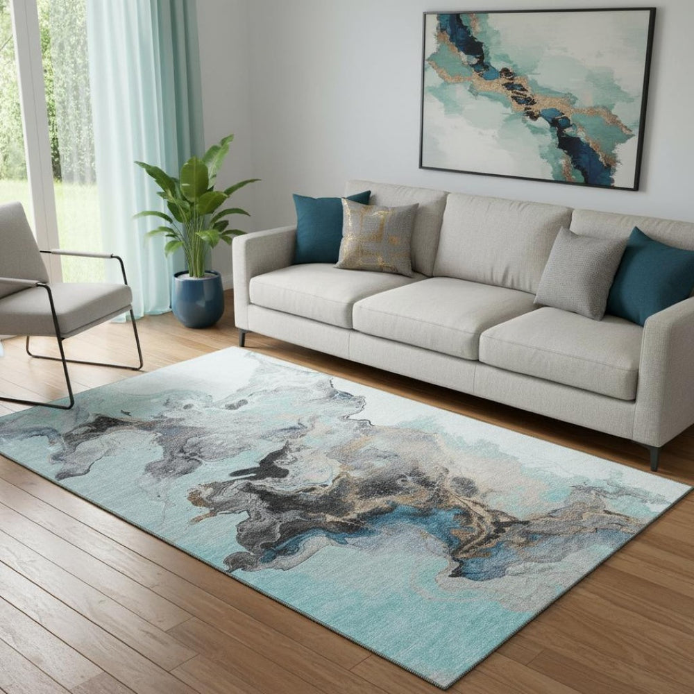 HomeRoots 5' X 8' Stylish Teal, Silver & Beige Abstract Washable Area Rug - UV Resistant & Non-Slip Design 697274