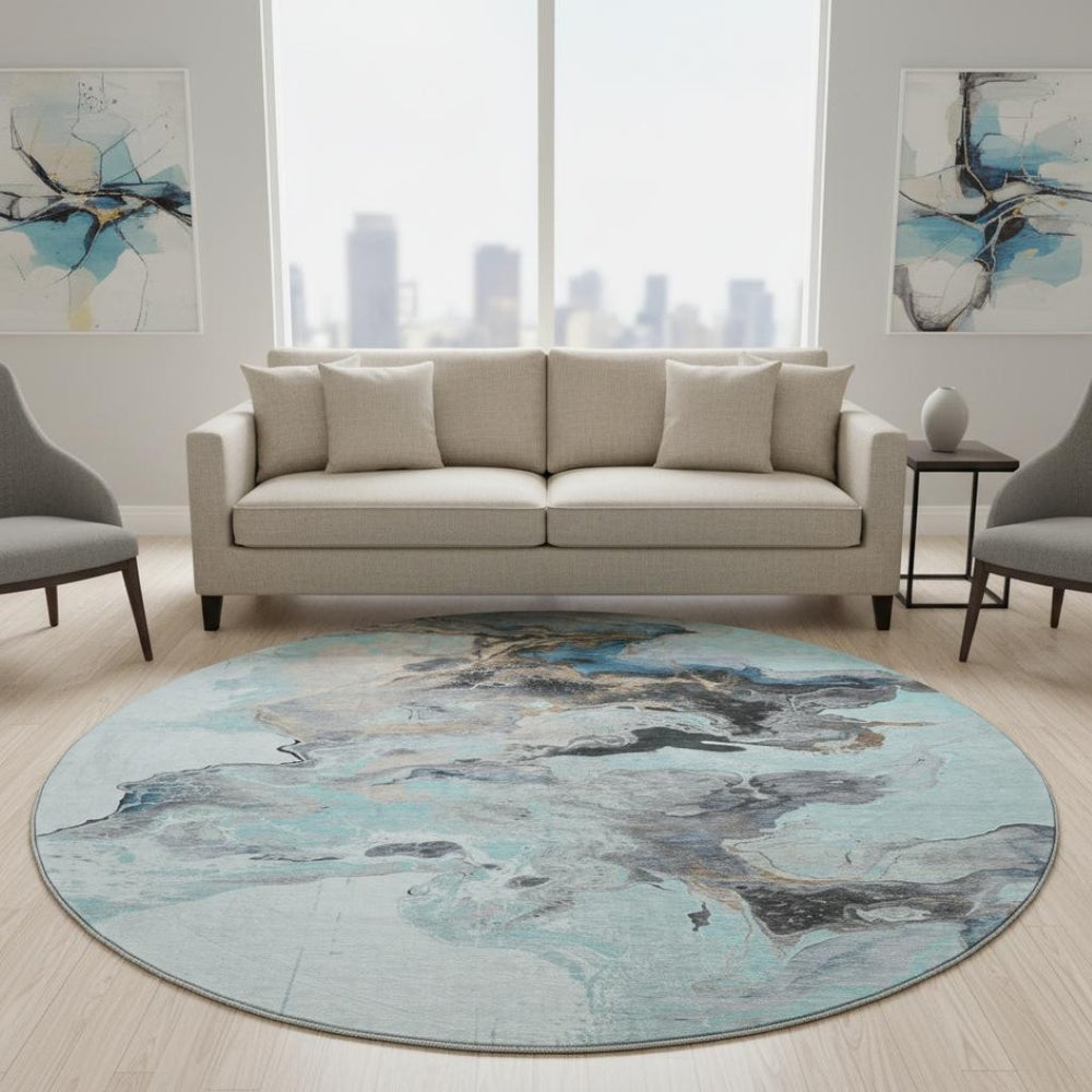 HomeRoots 8' Teal Silver Beige Abstract Washable Round Rug - UV Protected, Stain Resistant, Durable Design 697275
