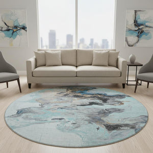 HomeRoots 8' Teal Silver Beige Abstract Washable Round Rug - UV Protected, Stain Resistant, Durable Design 697275