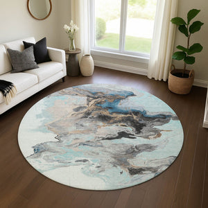 HomeRoots 8' Teal Silver Beige Abstract Washable Round Rug - UV Protected, Stain Resistant, Durable Design 697275