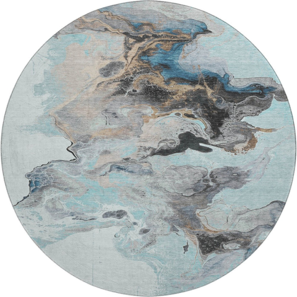 HomeRoots 8' Teal Silver Beige Abstract Washable Round Rug - UV Protected, Stain Resistant, Durable Design 697275