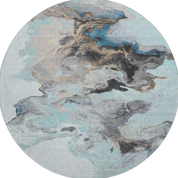 HomeRoots 8' Teal Silver Beige Abstract Washable Round Rug - UV Protected, Stain Resistant, Durable Design 697275