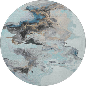 HomeRoots 8' Teal Silver Beige Abstract Washable Round Rug - UV Protected, Stain Resistant, Durable Design 697275