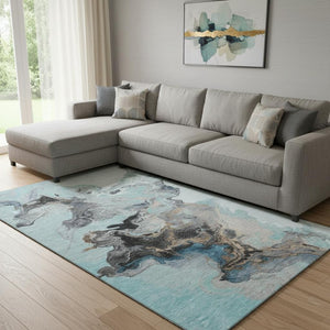 HomeRoots 8' X 10' Modern Teal Silver Beige Abstract Area Rug - Washable, Stain Resistant & UV Protected! 697276