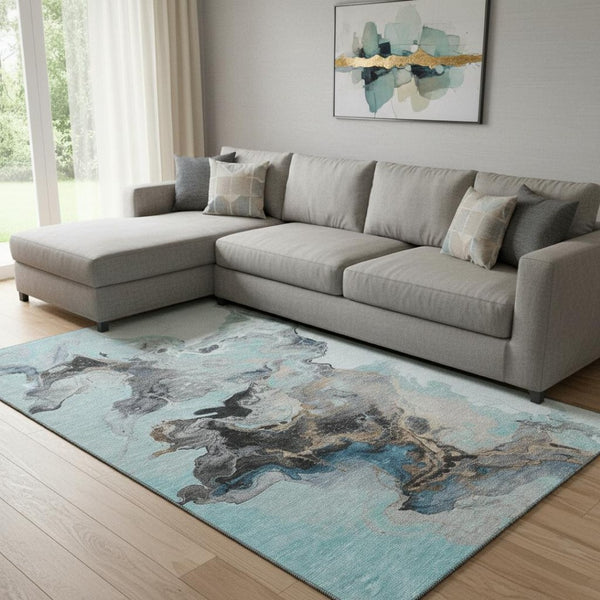 HomeRoots 8' X 10' Modern Teal Silver Beige Abstract Area Rug - Washable, Stain Resistant & UV Protected! 697276