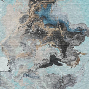 HomeRoots 8' X 10' Modern Teal Silver Beige Abstract Area Rug - Washable, Stain Resistant & UV Protected! 697276