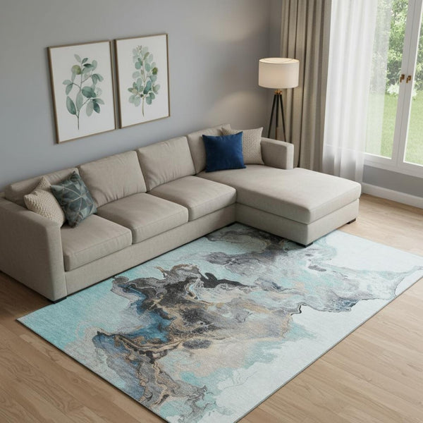 HomeRoots 9' X 12' Teal, Silver & Beige Washable Area Rug - Modern Abstract Design with UV Protection & Durability 697277