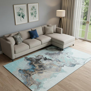 HomeRoots 10' Teal, Silver & Beige Abstract Washable Area Rug – UV Protected, Durable & Easy-Care for Homes 697278