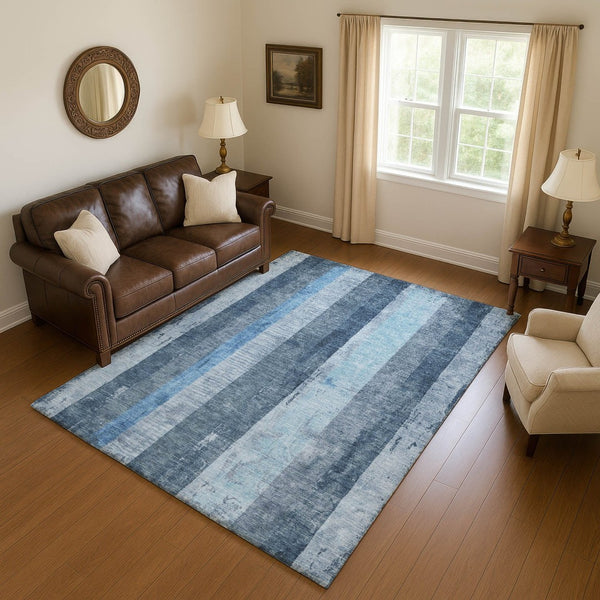 HomeRoots 5' Blue and Gray Striped Washable Area Rug - Durable, Stain-Resistant, UV-Protected for Active Homes! 697280