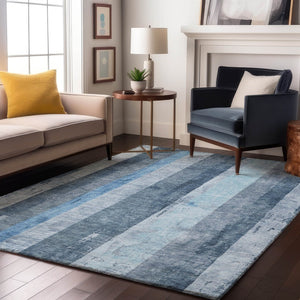 HomeRoots 5' Blue and Gray Striped Washable Area Rug - Durable, Stain-Resistant, UV-Protected for Active Homes! 697280
