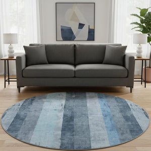 HomeRoots 8' Blue and Gray Striped Round Rug - Washable, UV Protected, Soft, Durable for Coastal Style Living 697281