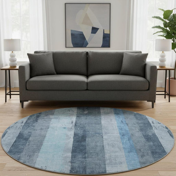 HomeRoots 8' Blue and Gray Striped Round Rug - Washable, UV Protected, Soft, Durable for Coastal Style Living 697281