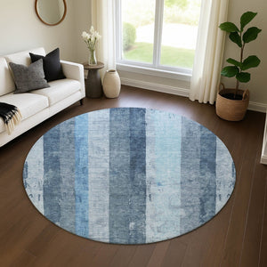 HomeRoots 8' Blue and Gray Striped Round Rug - Washable, UV Protected, Soft, Durable for Coastal Style Living 697281