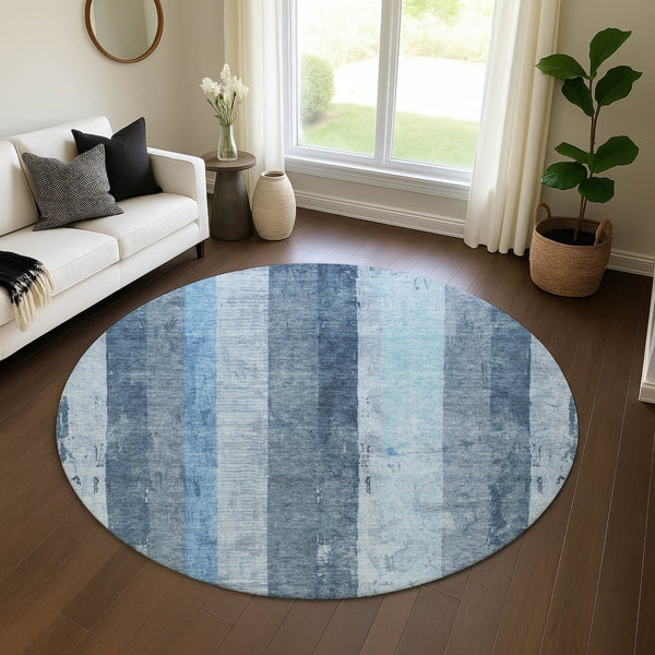 HomeRoots 8' Blue and Gray Striped Round Rug - Washable, UV Protected, Soft, Durable for Coastal Style Living 697281