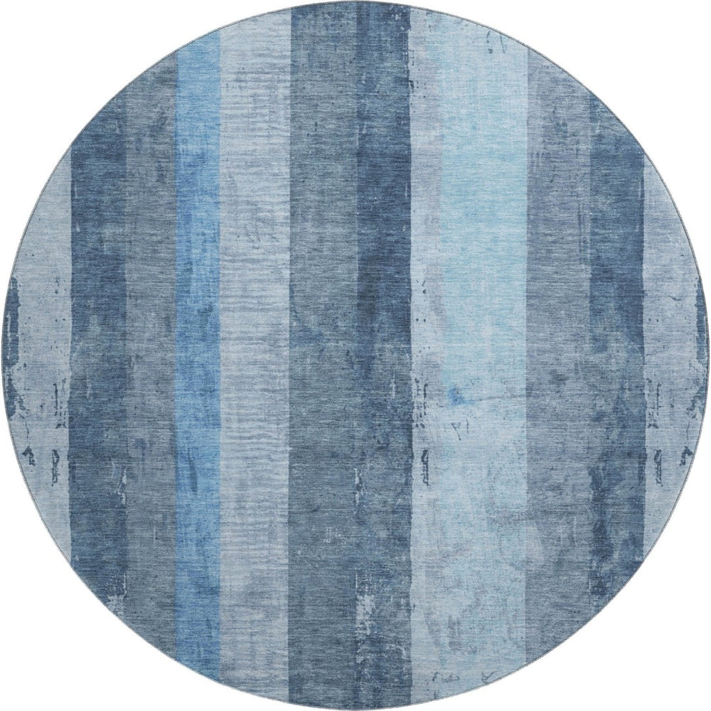 HomeRoots 8' Blue and Gray Striped Round Rug - Washable, UV Protected, Soft, Durable for Coastal Style Living 697281
