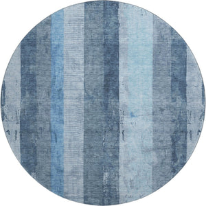 HomeRoots 8' Blue and Gray Striped Round Rug - Washable, UV Protected, Soft, Durable for Coastal Style Living 697281